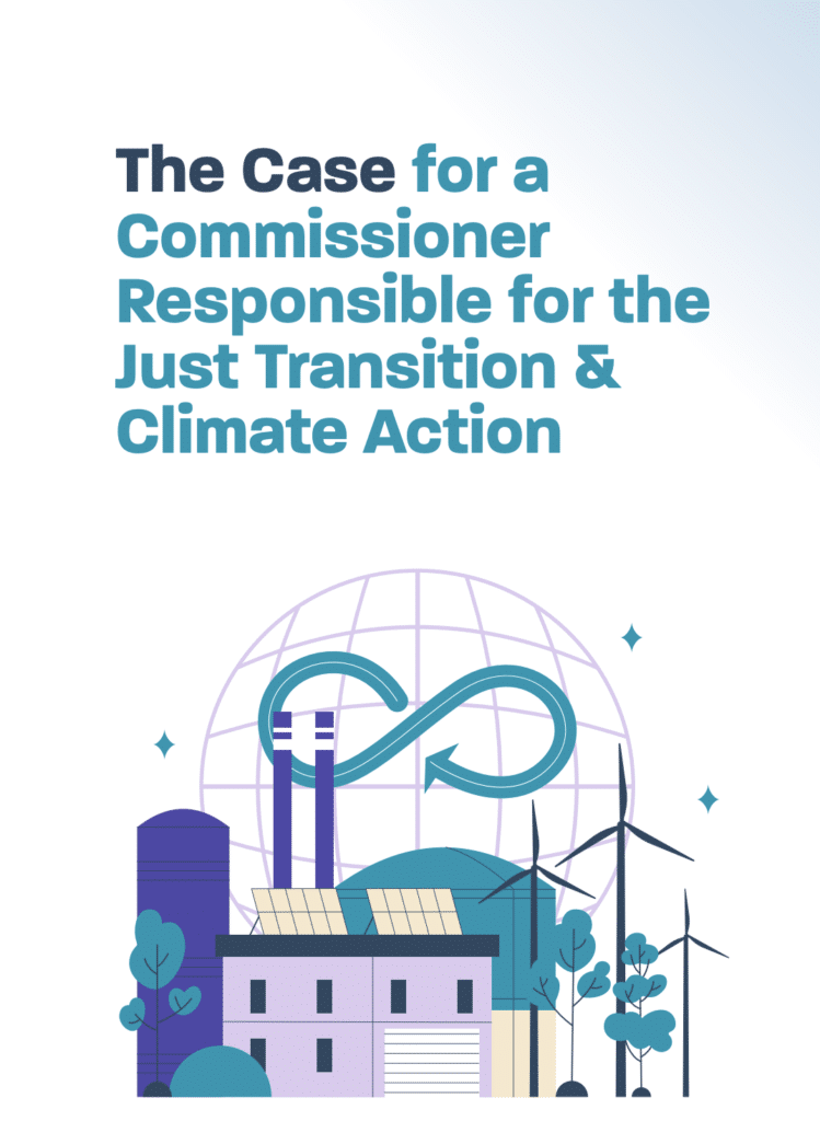 Front cover of the publication 'the case for a commissioner...' with illustration showing a city with industry, solar panels, wind turbines and green trees