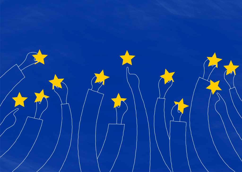 Blue background, outlines of arms holding up yellow stars similar to EU flag. Illustration by alexia souvalioti 