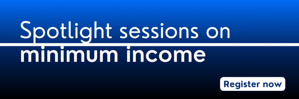 White horizontal line with bold white text reading: spotlight sessions on minimum income