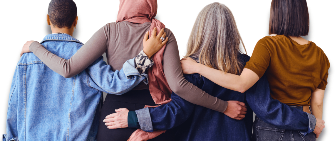 4 people with their arms around each other facing away